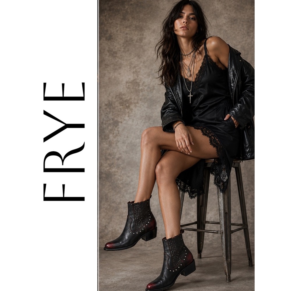 Frye Sacha Chelsea Crystal Booties Oxblood Black Studded Western Boots 7